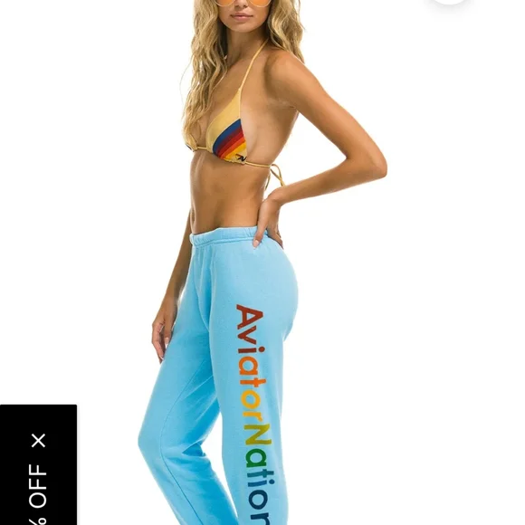 Aviator Nation Set Light Blue Sweatpants And Zip Up Hoodie with Multicolor Logo - Picture 1 of 8